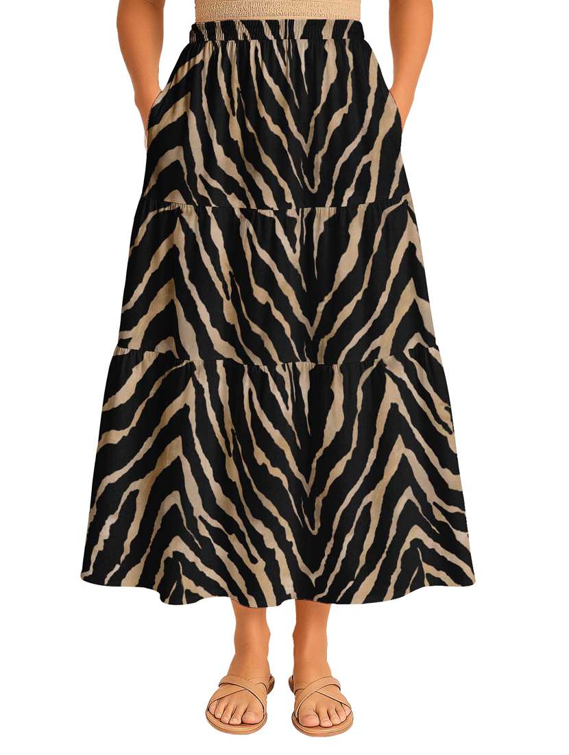 women animal print high rise maxi tiered skirt