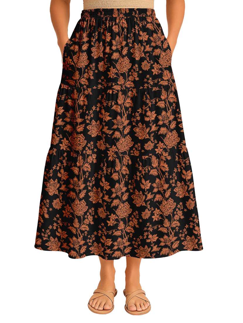 women floral printed high rise maxi tiered skirt