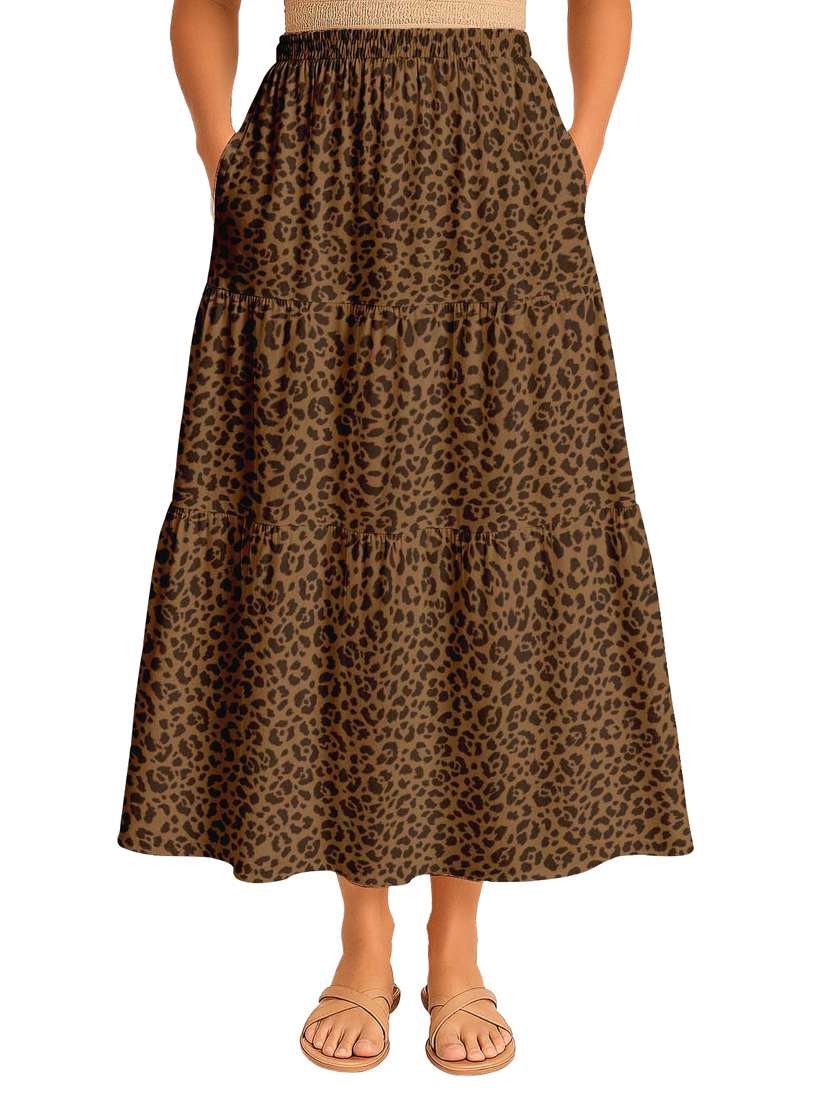 women animal print high rise maxi tiered skirt