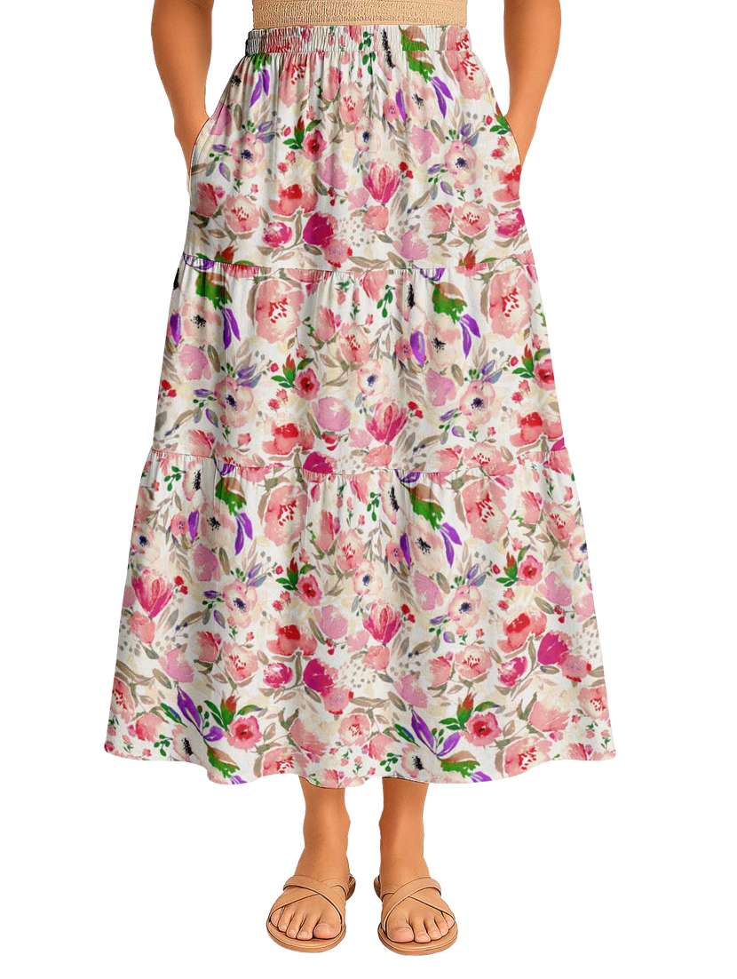 women floral printed high rise maxi tiered skirt