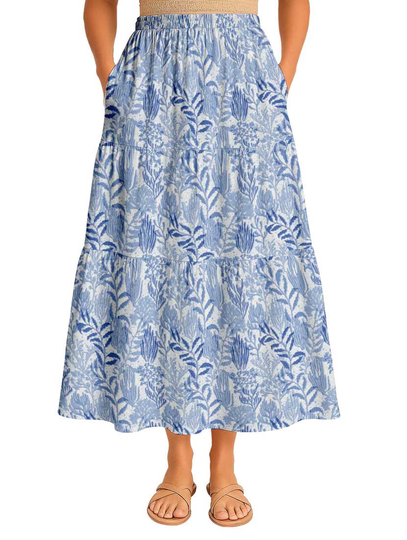 women printed high rise maxi tiered skirt