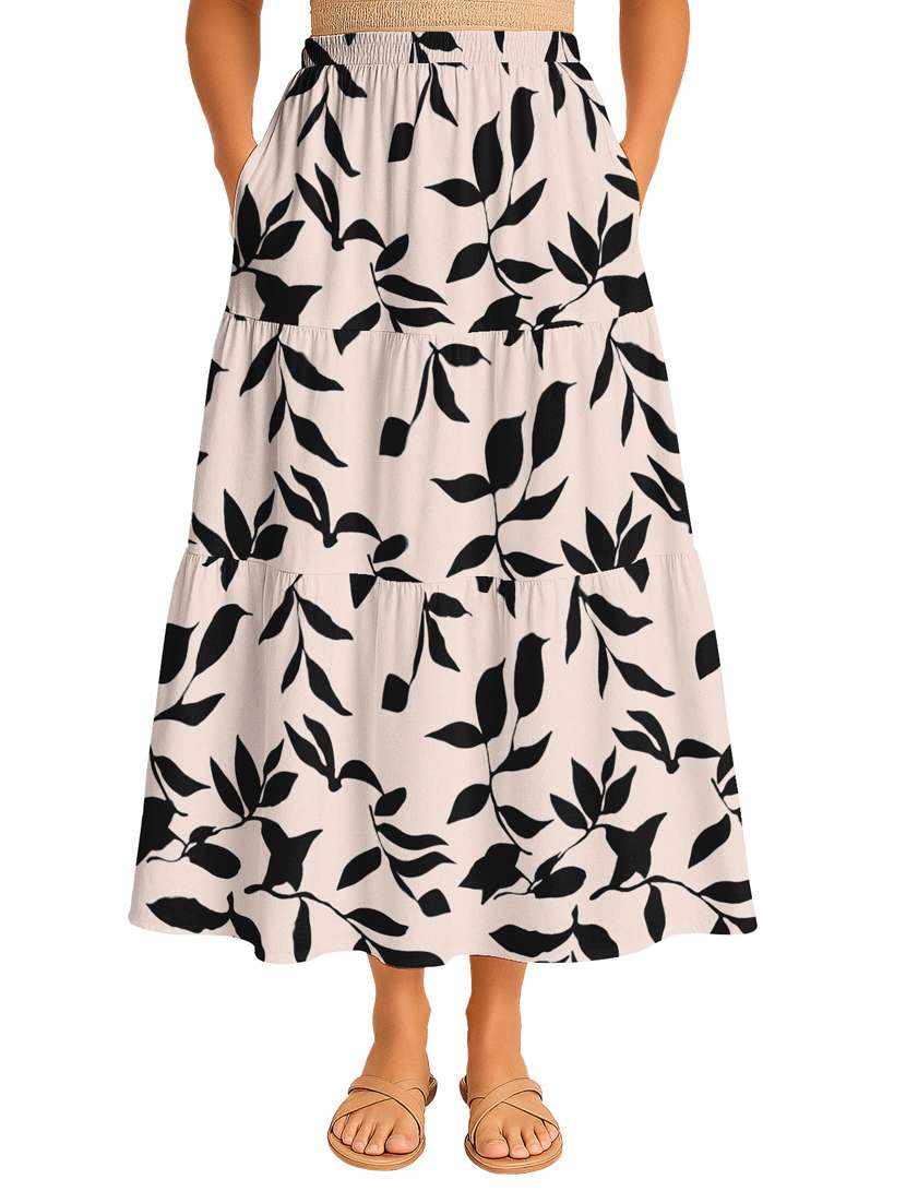 women printed high rise maxi tiered skirt