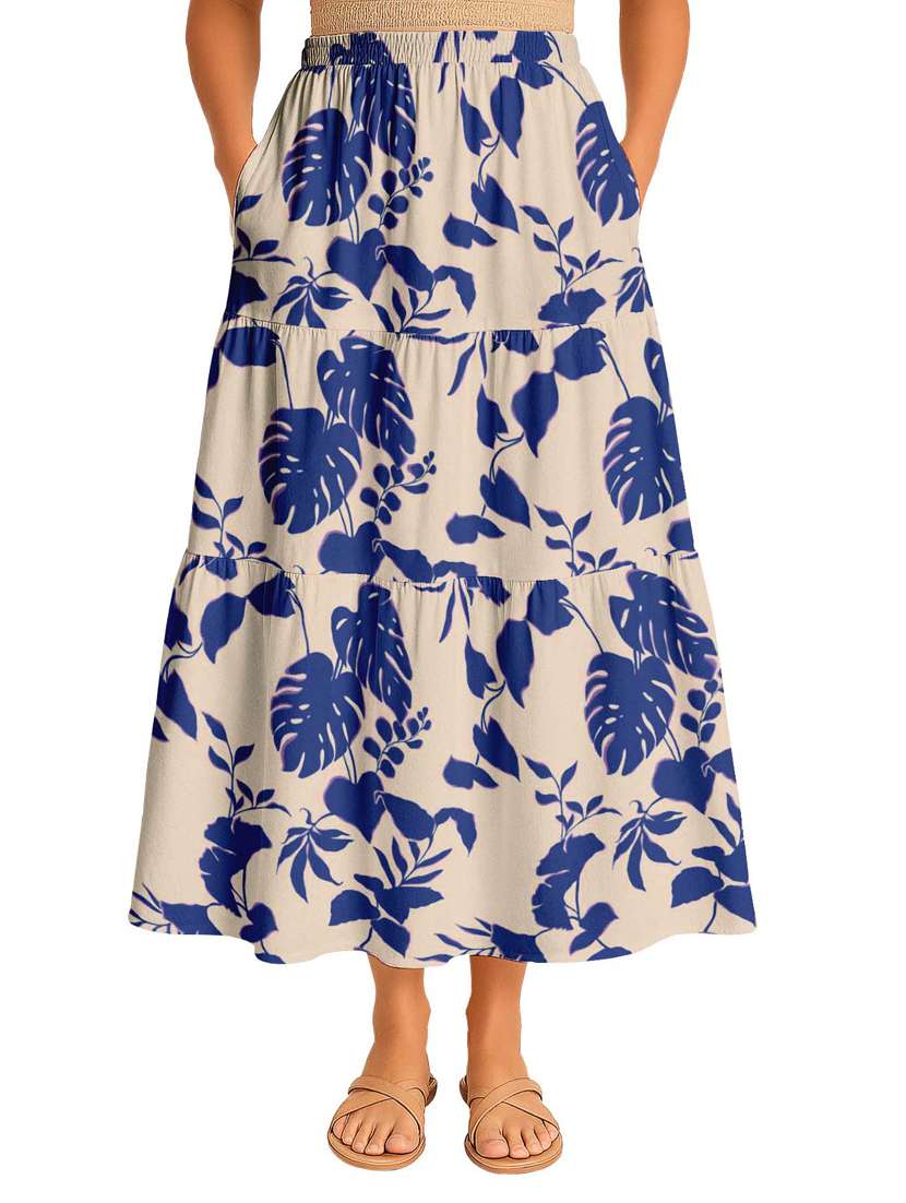 women tropical printed high rise maxi tiered skirt