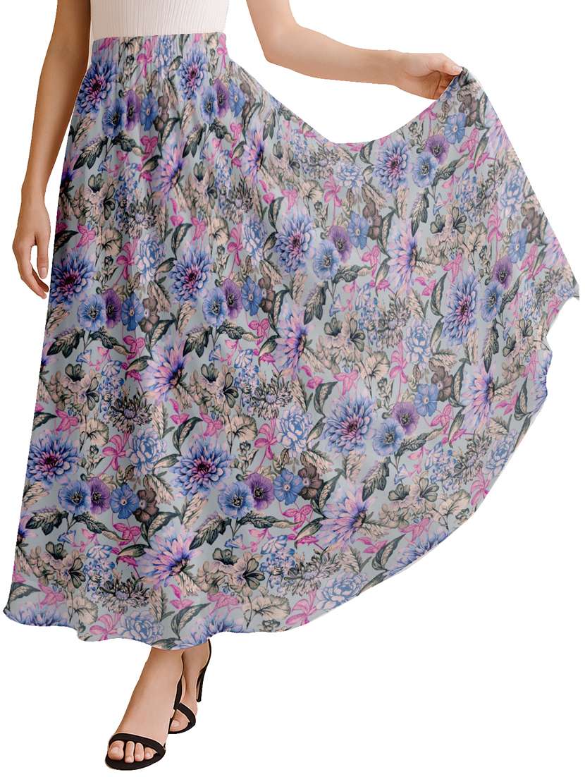 women floral printed high rise maxi flared skirt
