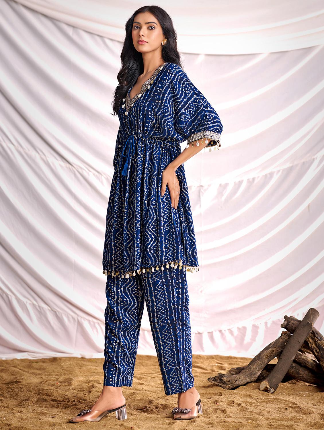 women bandhani printed kimono sleeve kaftan kurta pant set - 22006365 - Standard Image - 2