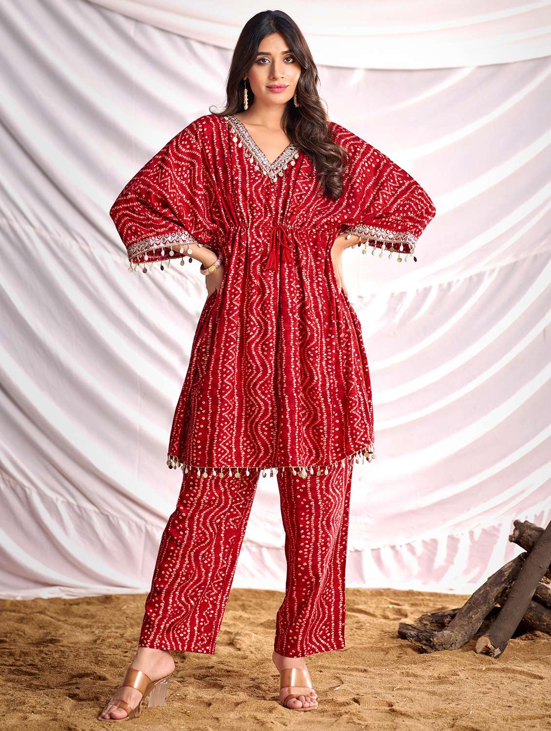 women bandhani printed kimono sleeve kaftan kurta pant set