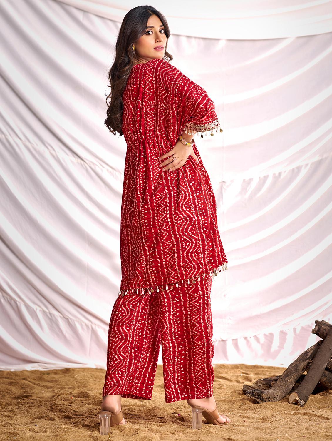 women bandhani printed kimono sleeve kaftan kurta pant set - 22006366 - Standard Image - 2
