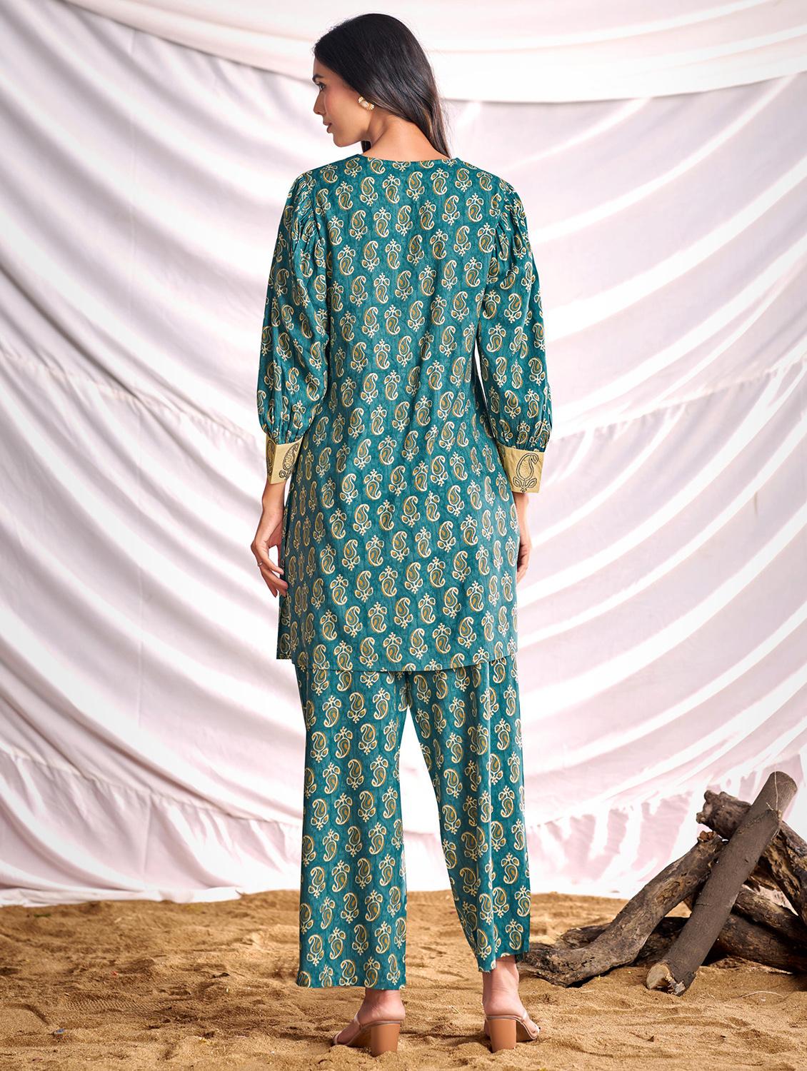 women paisley printed long sleeve kurta pant set - 22006367 - Standard Image - 2