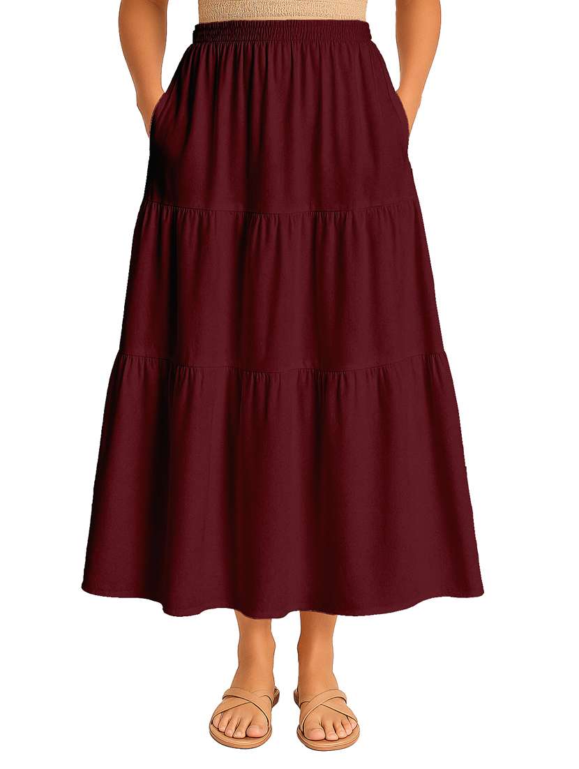 women solid high rise maxi tiered skirt