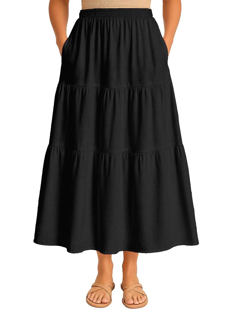 women solid high rise maxi tiered skirt