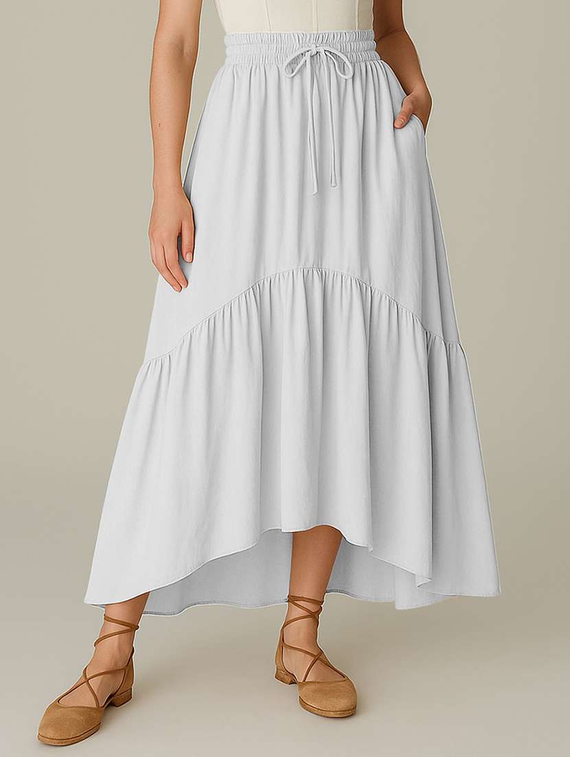 women solid high rise maxi tiered skirt