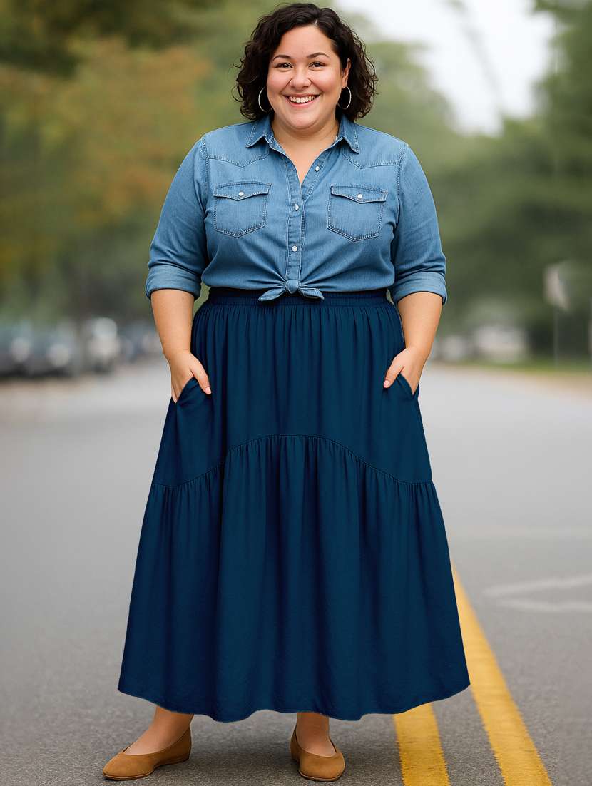 women solid high rise maxi tiered skirt - 22006389 -  Standard Image - 2