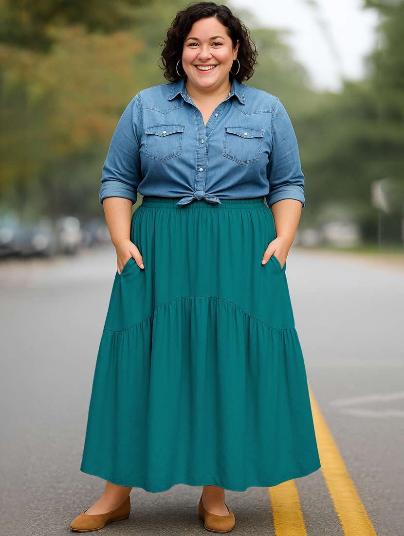 women solid high rise maxi tiered skirt - 22006394 -  Standard Image - 2