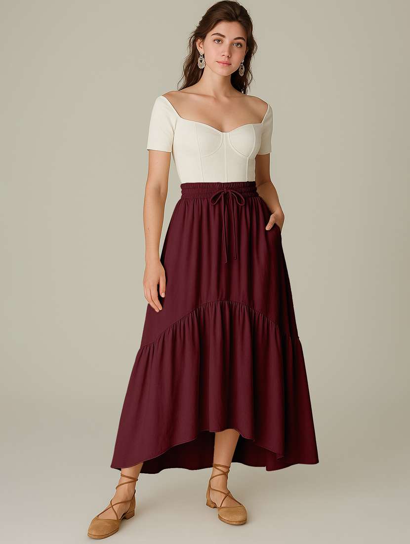 women solid high rise maxi tiered skirt - 22006396 -  Standard Image - 2
