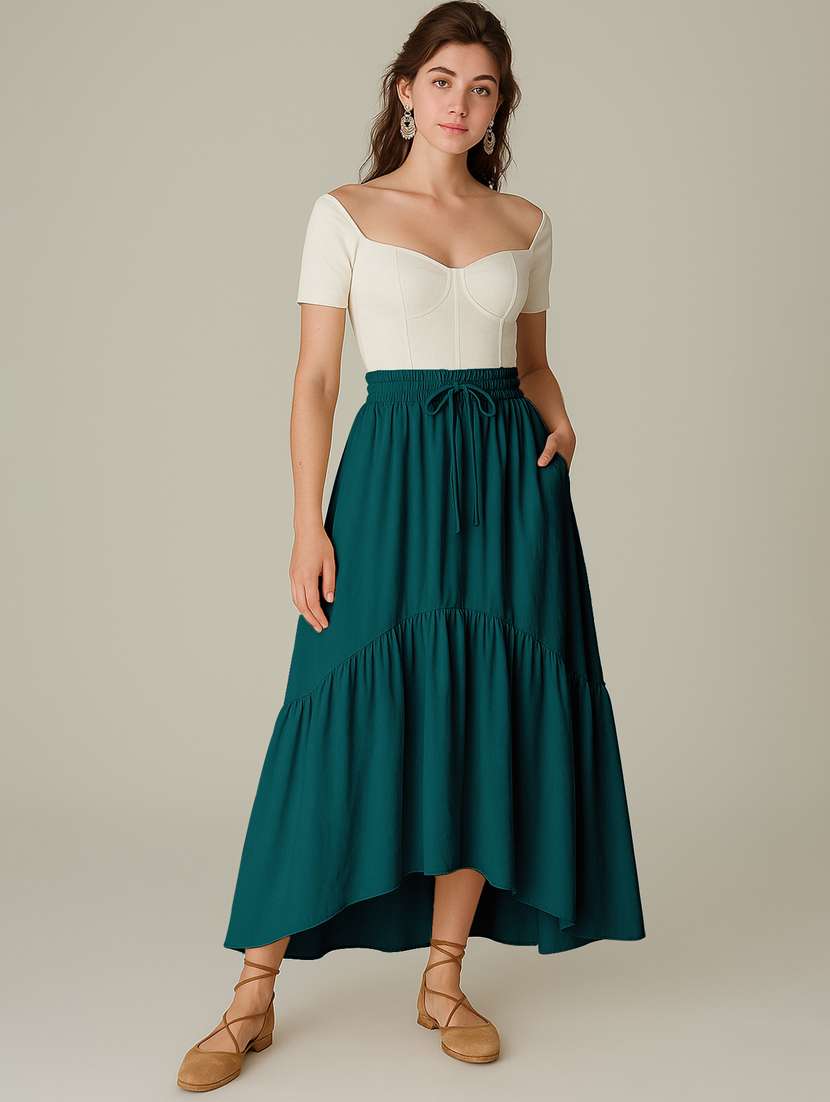 women solid high rise maxi tiered skirt - 22006399 -  Standard Image - 2