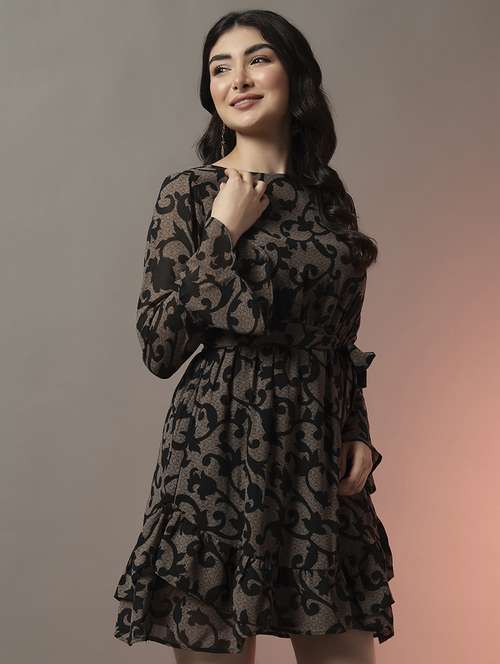 women printed long sleeve fit & flare dress - 22006870 - Standard Image - 0