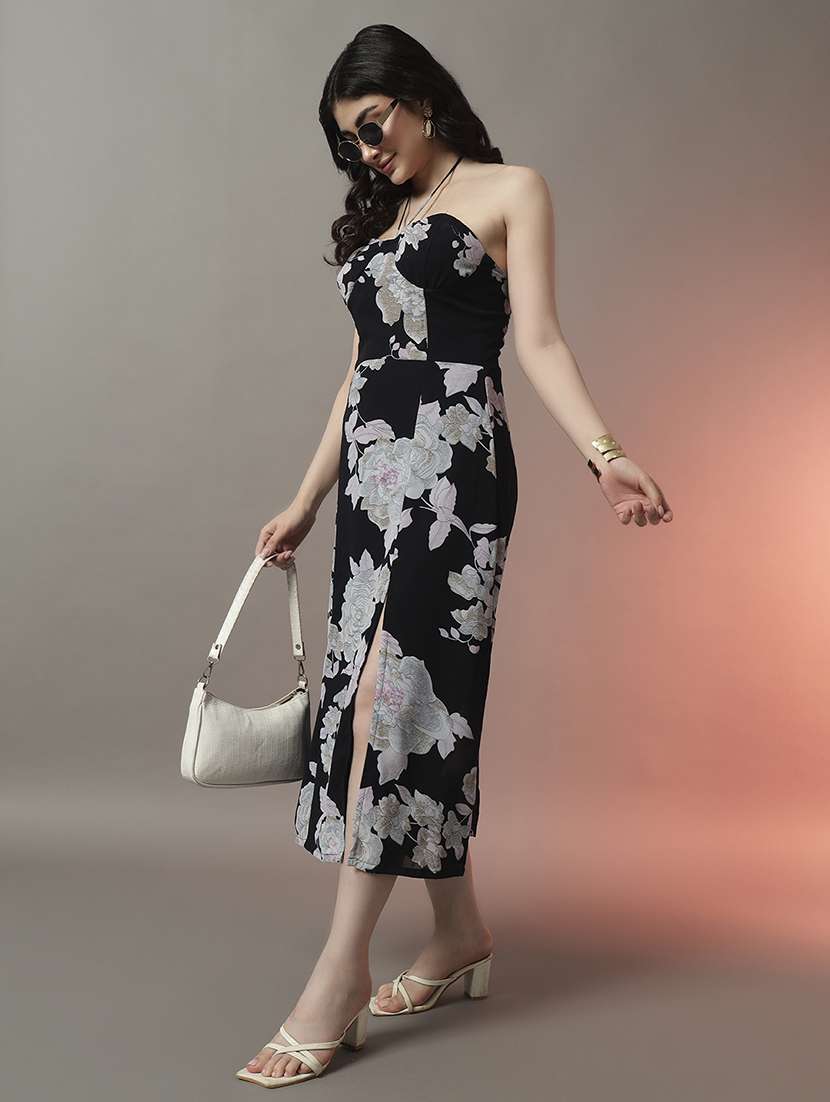 women floral printed halter neck a-line dress