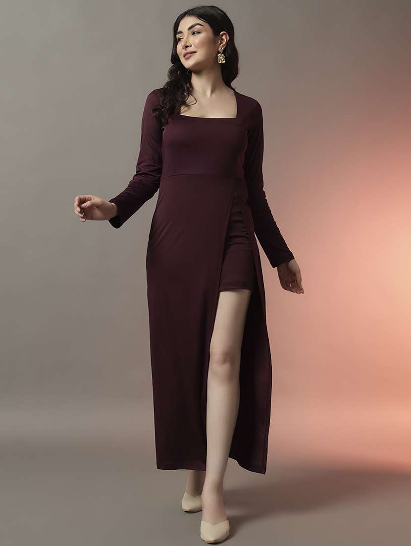 women solid square neck bodycon dress