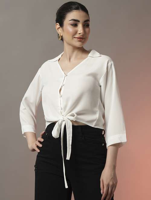 women solid three quarter sleeve tie up detail crop top - 22006890 -  Standard Image - 0