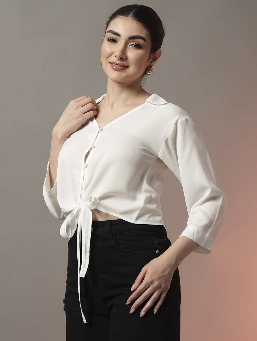 women solid three quarter sleeve tie up detail crop top - 22006890 - Standard Image - 2