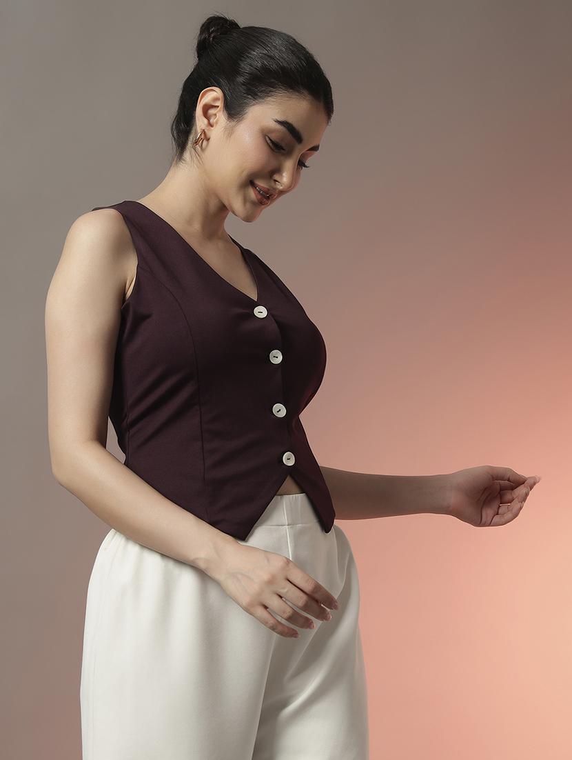 women solid sleeveless waist coat top - 22006891 - Standard Image - 2