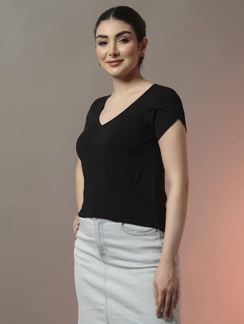 women solid short sleeve regular fit high low top - 22006893 - Standard Image - 2
