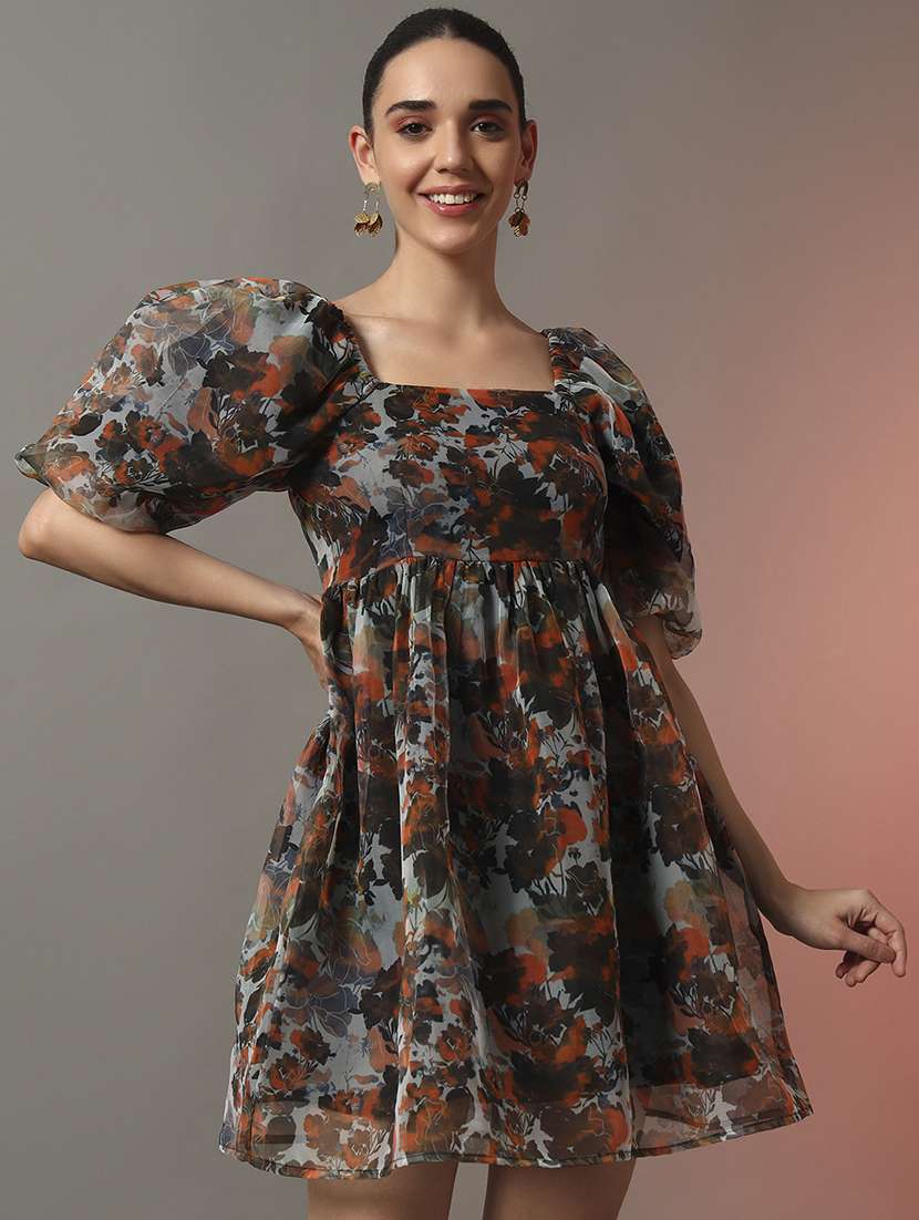 women floral printed square neck fit & flare dress