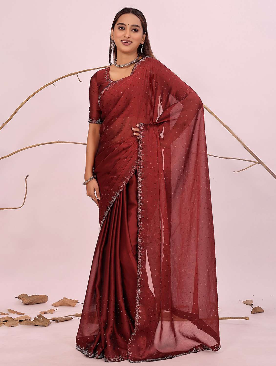 women solid with work embellished saree with blouse