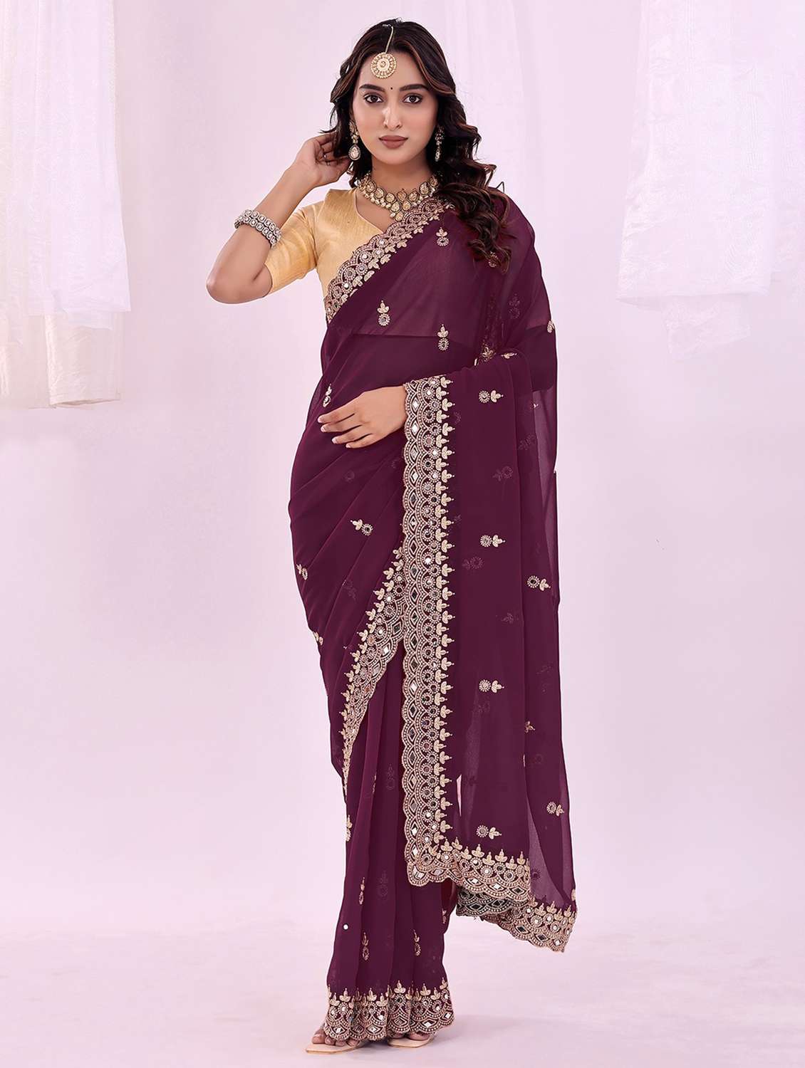 women solid with work embroidered saree with blouse - 22007207 -  Standard Image - 2