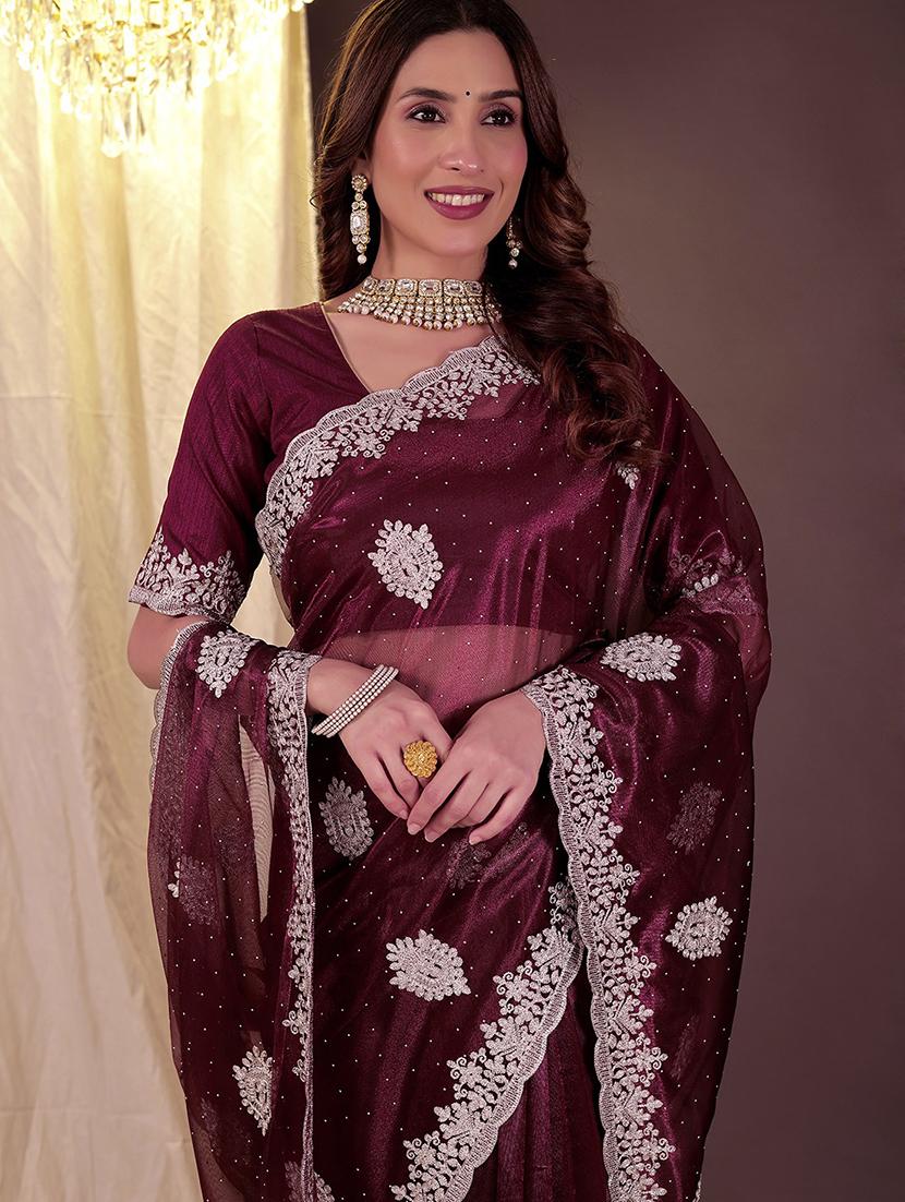 women solid with work embroidered saree with blouse - 22007230 - Standard Image - 2