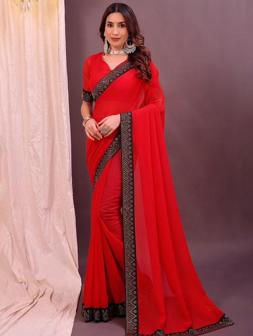 women solid with bordered saree with blouse - 22007232 -  Standard Image - 0