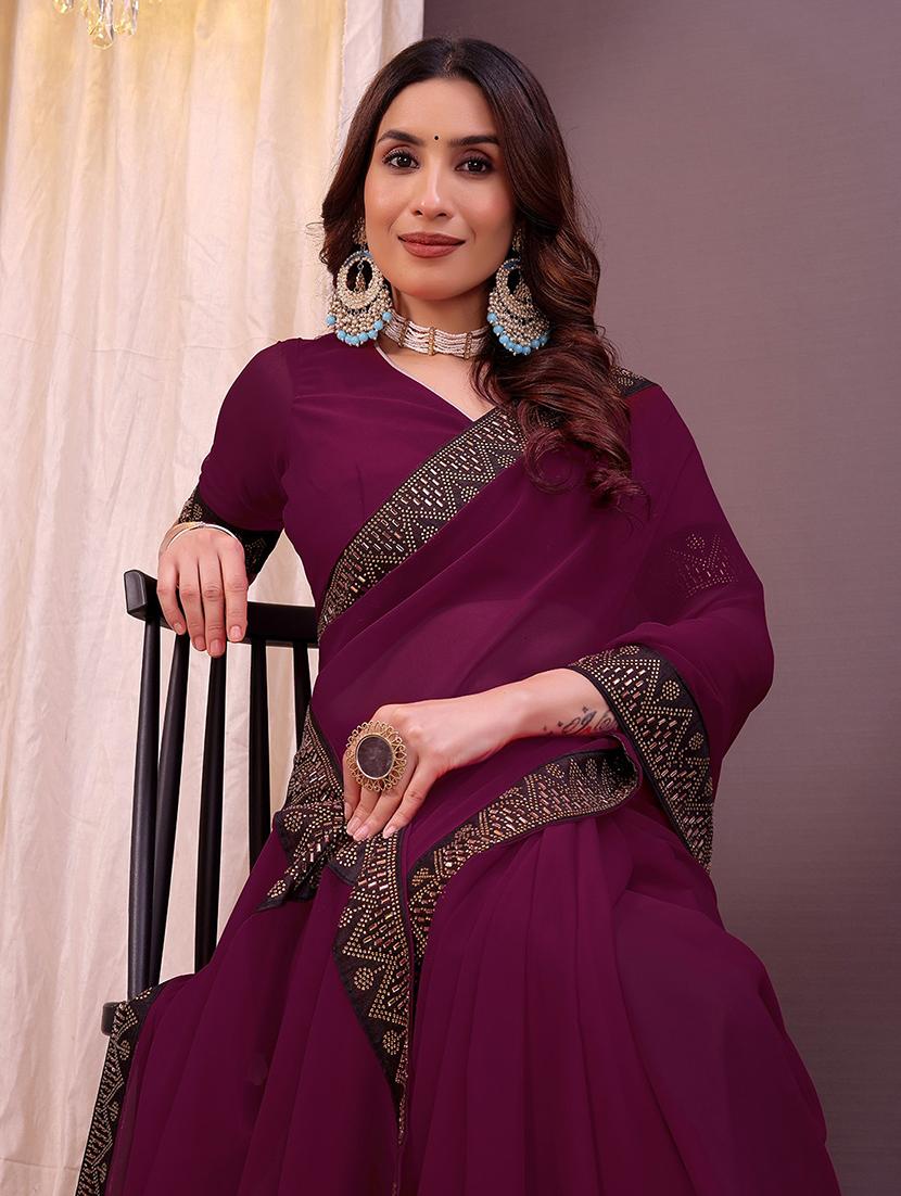 women solid with bordered saree with blouse - 22007237 - Standard Image - 2