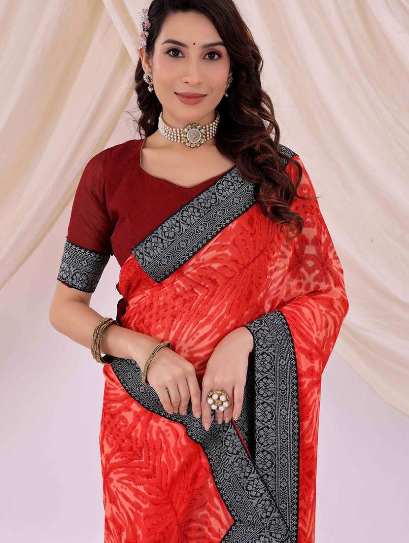 Women Printed Bordered Saree With Blouse - 22007245 -  Standard Image - 2