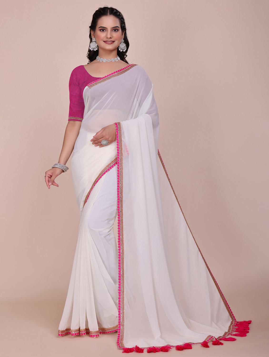 women solid with bordered saree with blouse - 22007253 - Zoom Image - 0