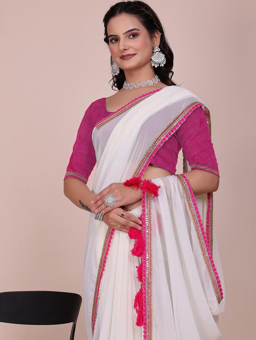 women solid with bordered saree with blouse - 22007253 - Standard Image - 2