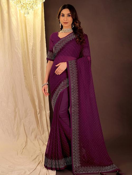 women solid with work embellished saree with blouse - 22007255 -  Standard Image - 0
