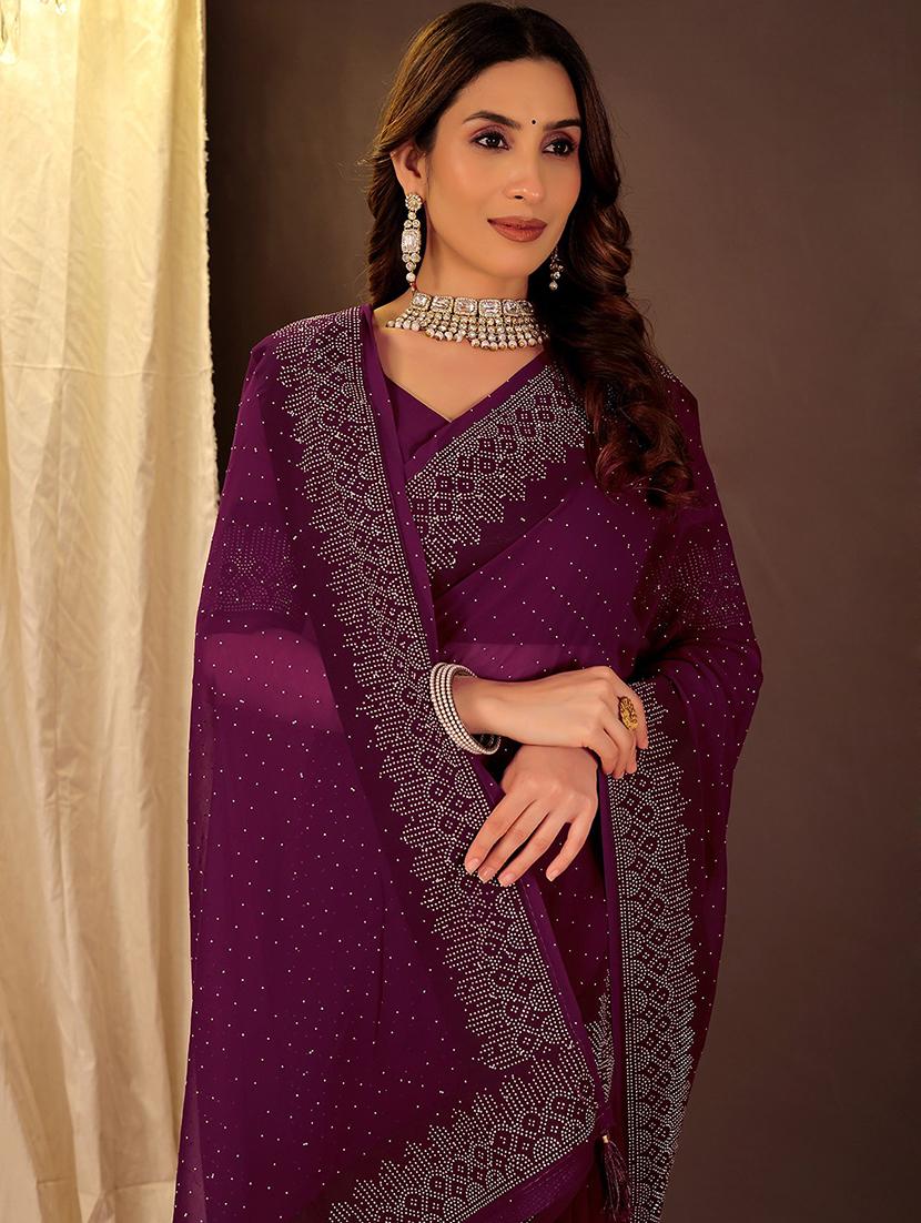 women solid with work embellished saree with blouse - 22007255 - Standard Image - 2