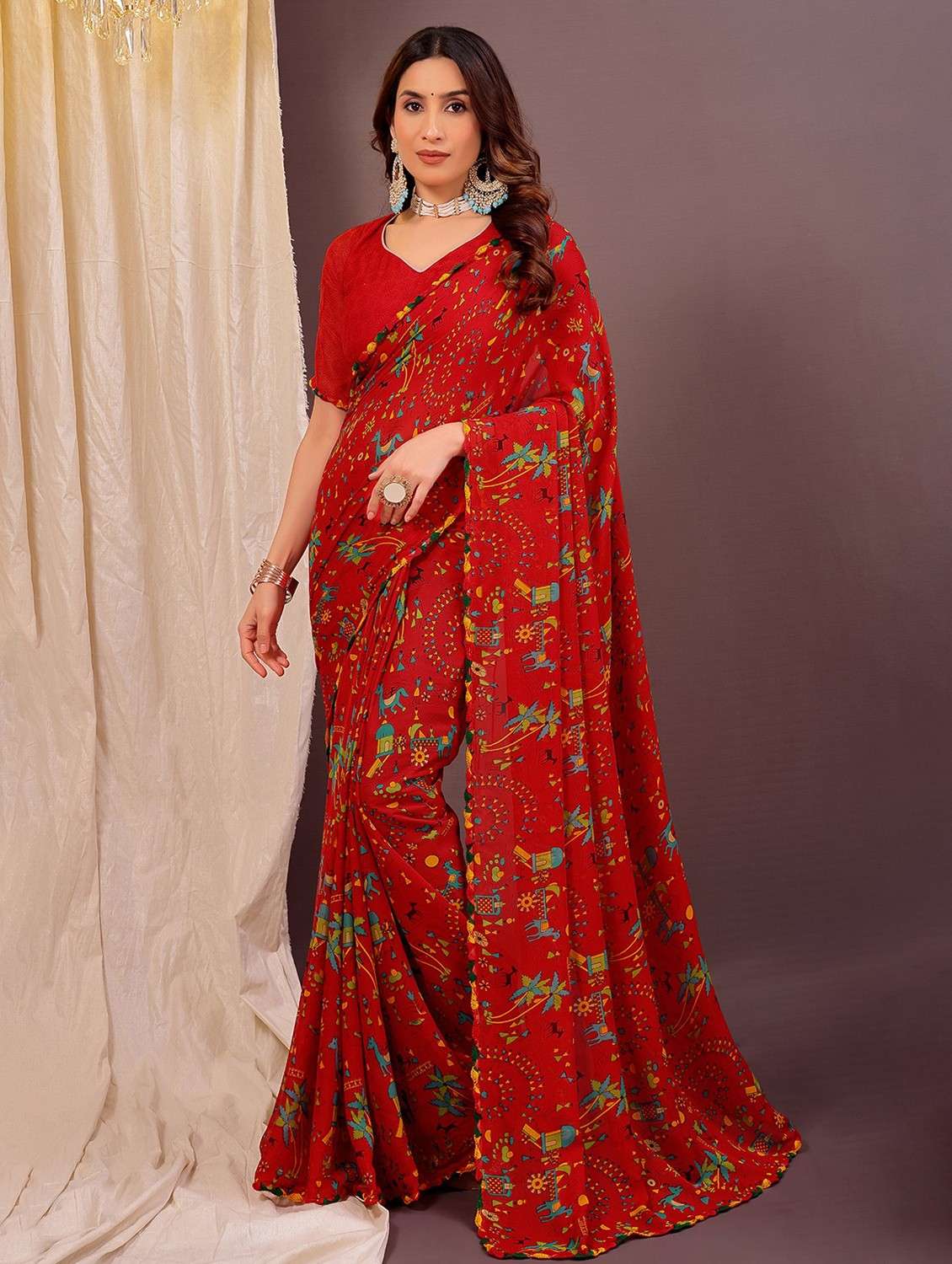 women red printed saree with blouse