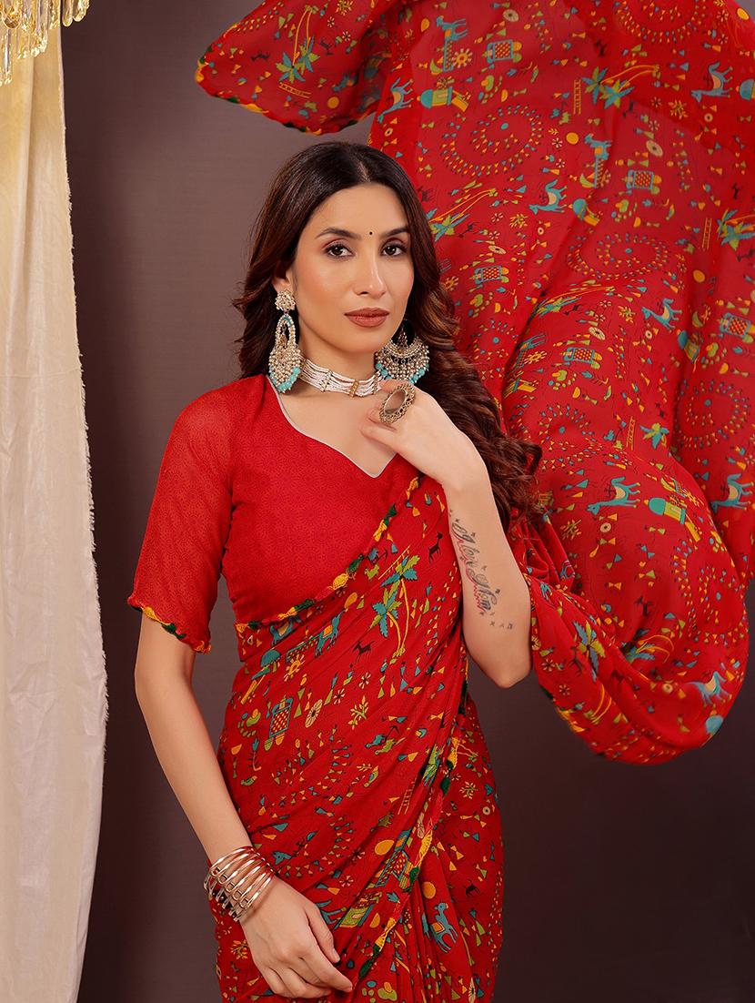 women red printed saree with blouse - 22007257 - Standard Image - 2