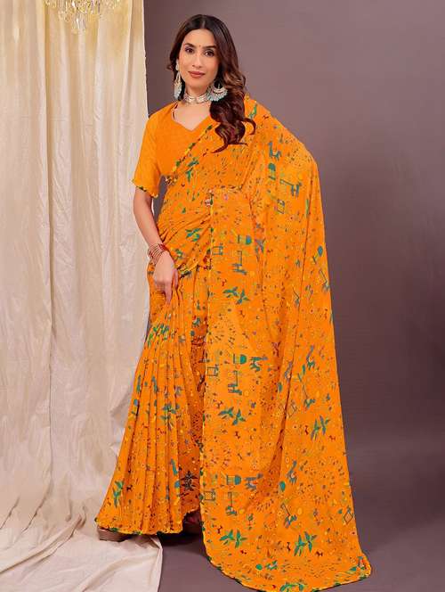 women yellow printed saree with blouse - 22007260 -  Standard Image - 0