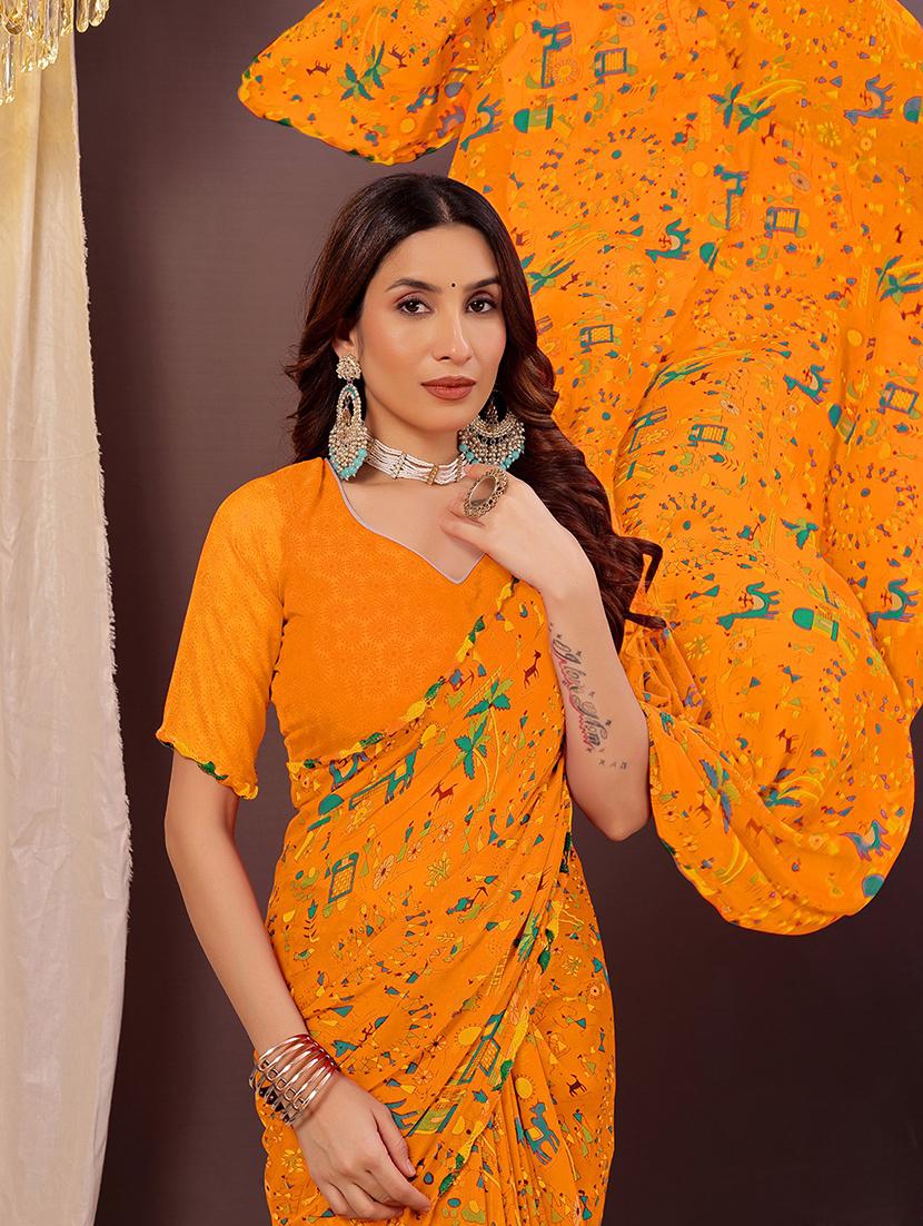 women yellow printed saree with blouse - 22007260 - Standard Image - 2