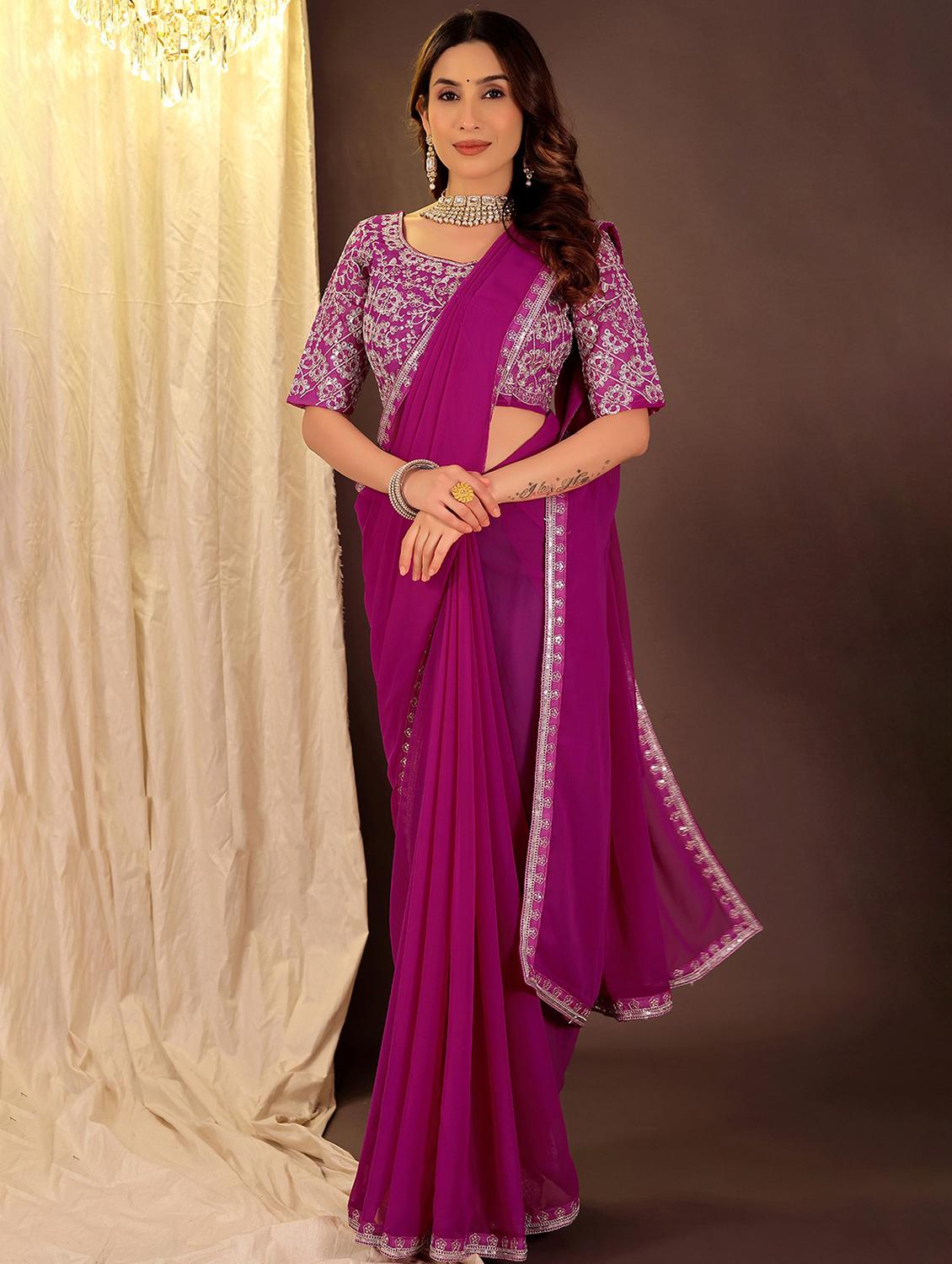 women solid with bordered saree with blouse - 22007266 - Zoom Image - 0