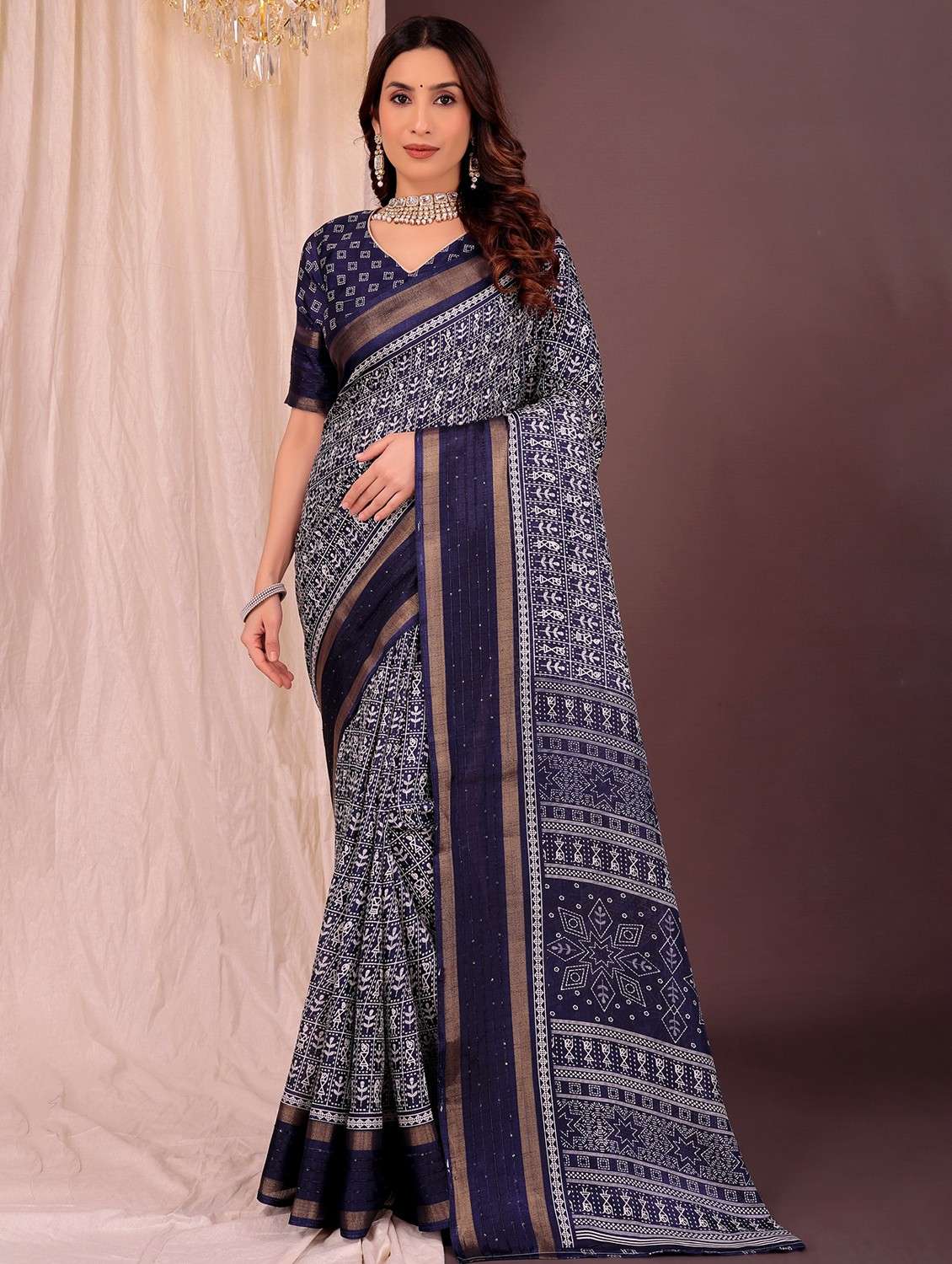 women navy blue printed saree with blouse