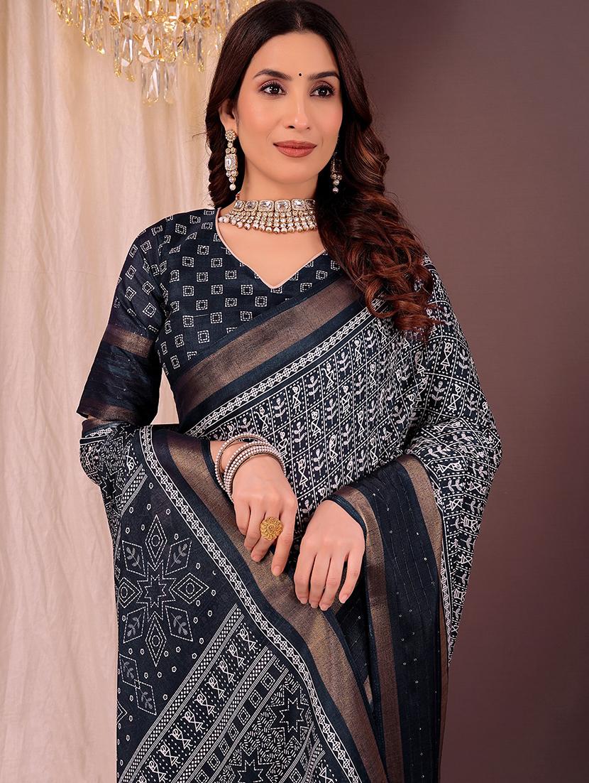 women black printed saree with blouse - 22007277 - Standard Image - 2