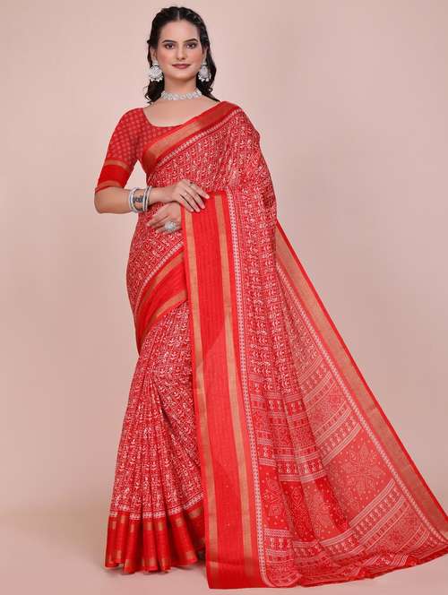women red printed saree with blouse - 22007279 -  Standard Image - 0