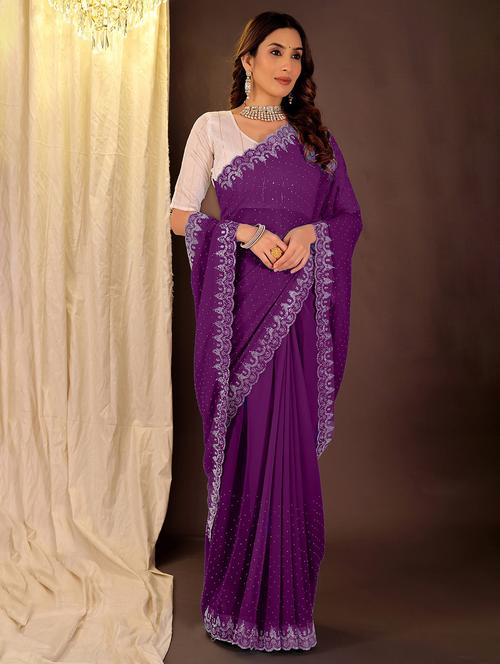 women solid with work embellished saree with blouse - 22007295 -  Standard Image - 0