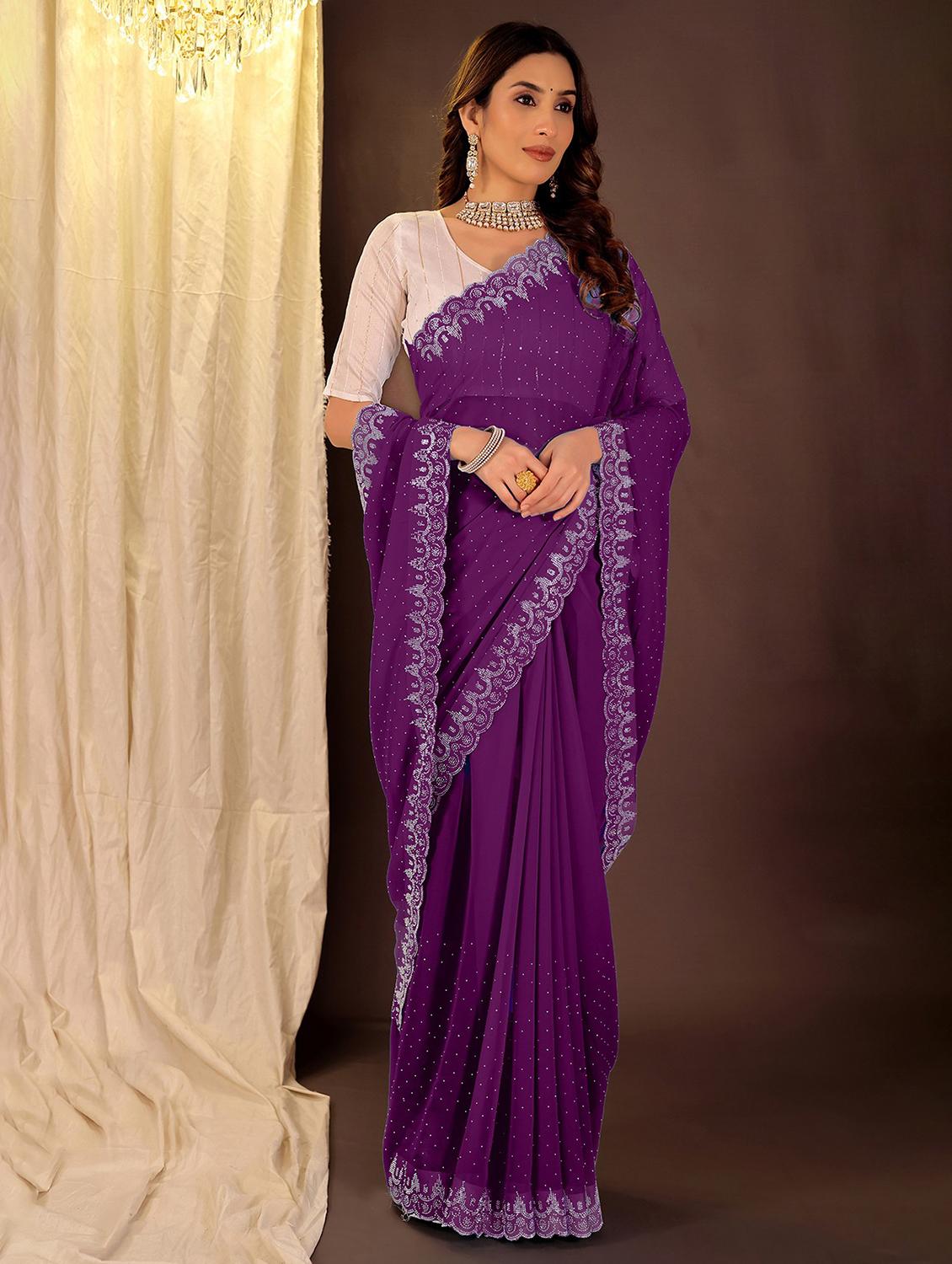 women solid with work embellished saree with blouse - 22007295 -  Zoom Image - 0