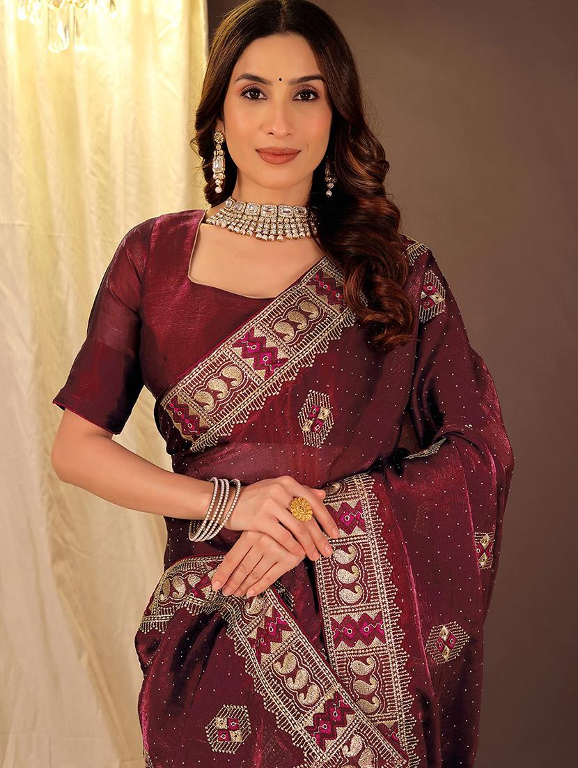 women solid with work embroidered saree with blouse - 22007301 - Standard Image - 2