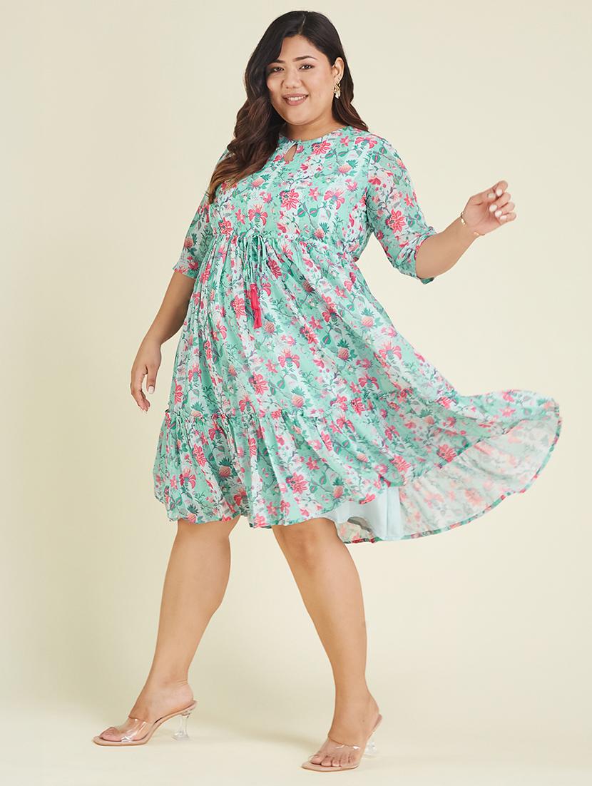 women plus size floral printed three quarter sleeve tiered dress - 22007304 - Standard Image - 2