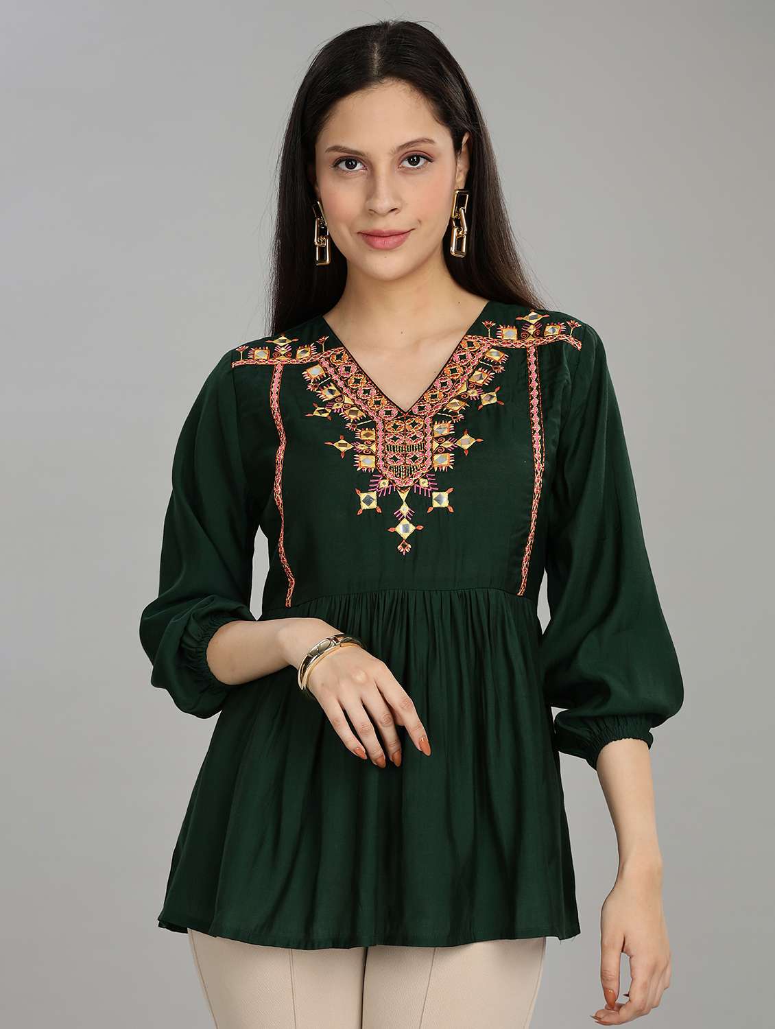 women solid with work puff sleeve ethnic top - 22007720 -  Standard Image - 2